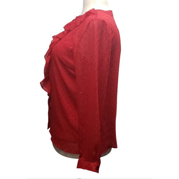 Jaclyn Smith Red Gold Shimmer Blouse L – Ruffle Front, Sheer Layer, Vintage Glam - Picture 4 of 9